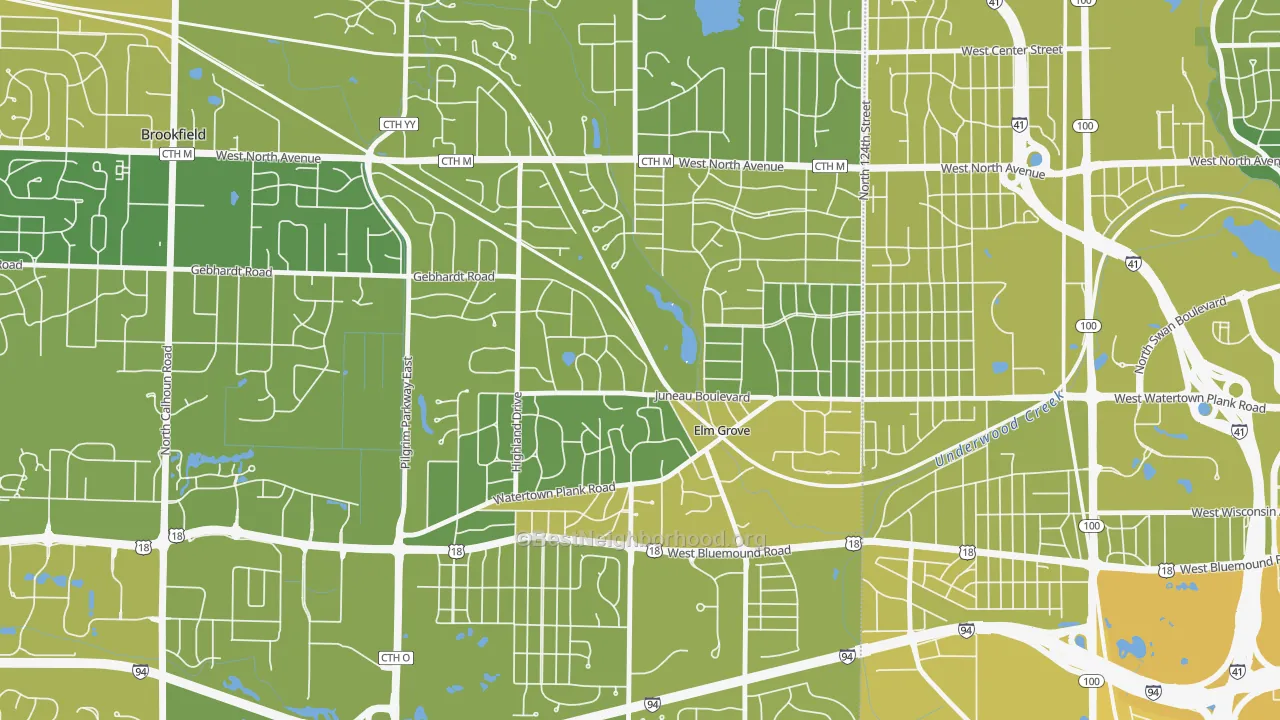 Map of the best neighborhoods in the 53122 area, with better matches in green and worse matches in red