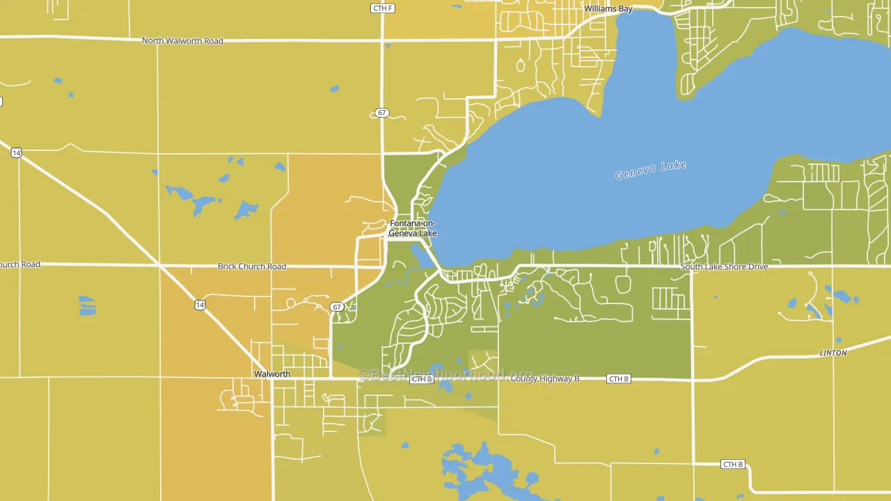 Map of the best neighborhoods in the 53125 area, with better matches in green and worse matches in red