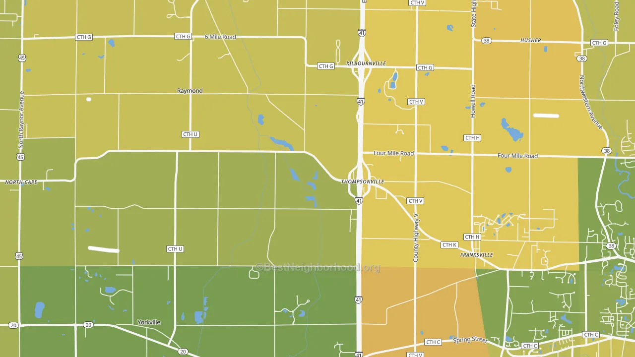 Map of the best neighborhoods in the 53126 area, with better matches in green and worse matches in red