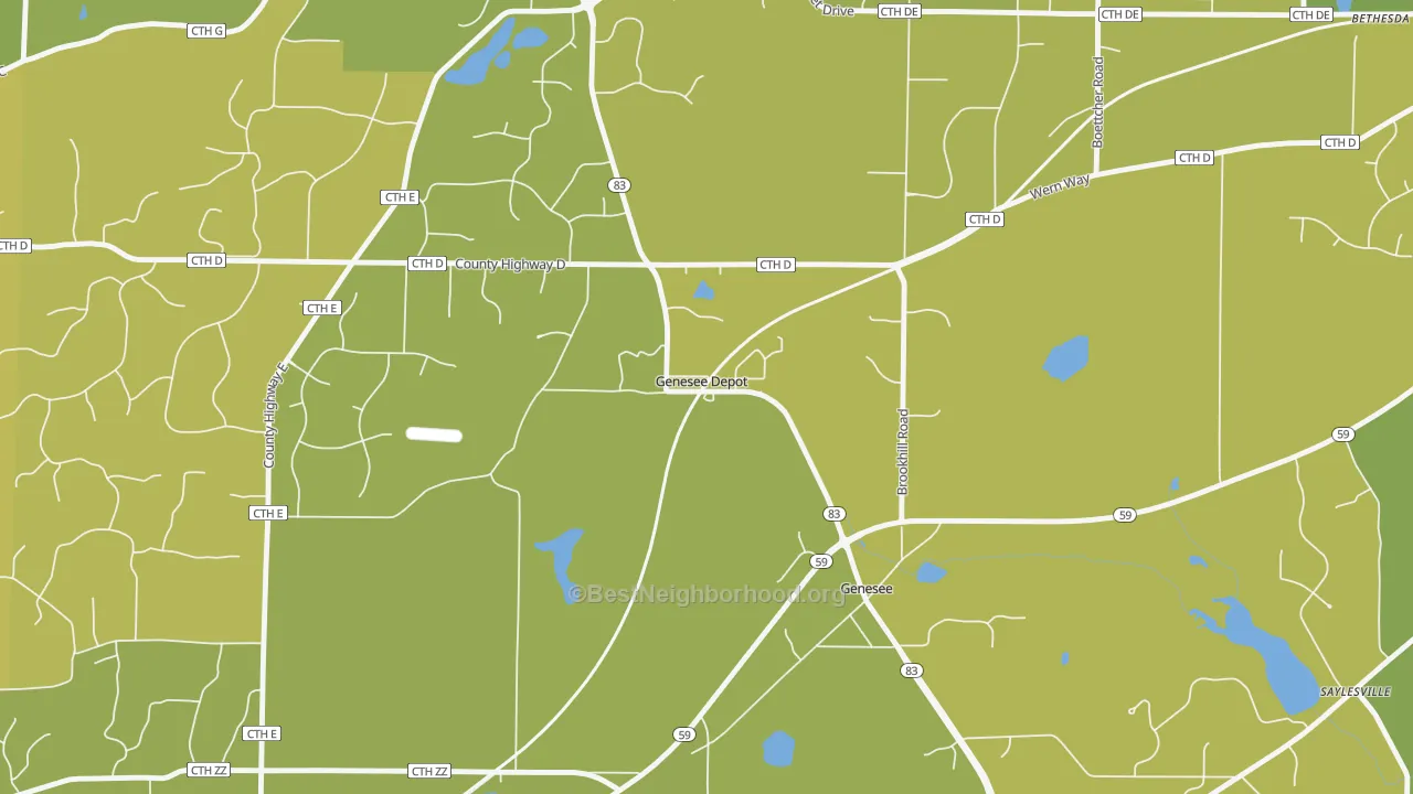 Map of the best neighborhoods in the 53127 area, with better matches in green and worse matches in red