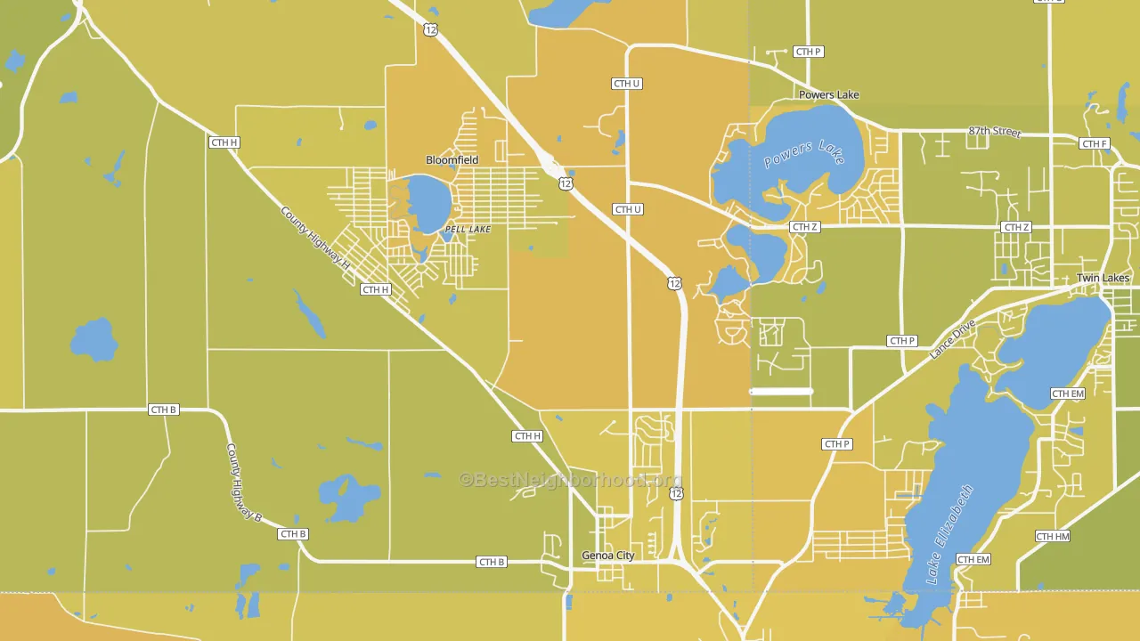 Map of the best neighborhoods in the 53128 area, with better matches in green and worse matches in red