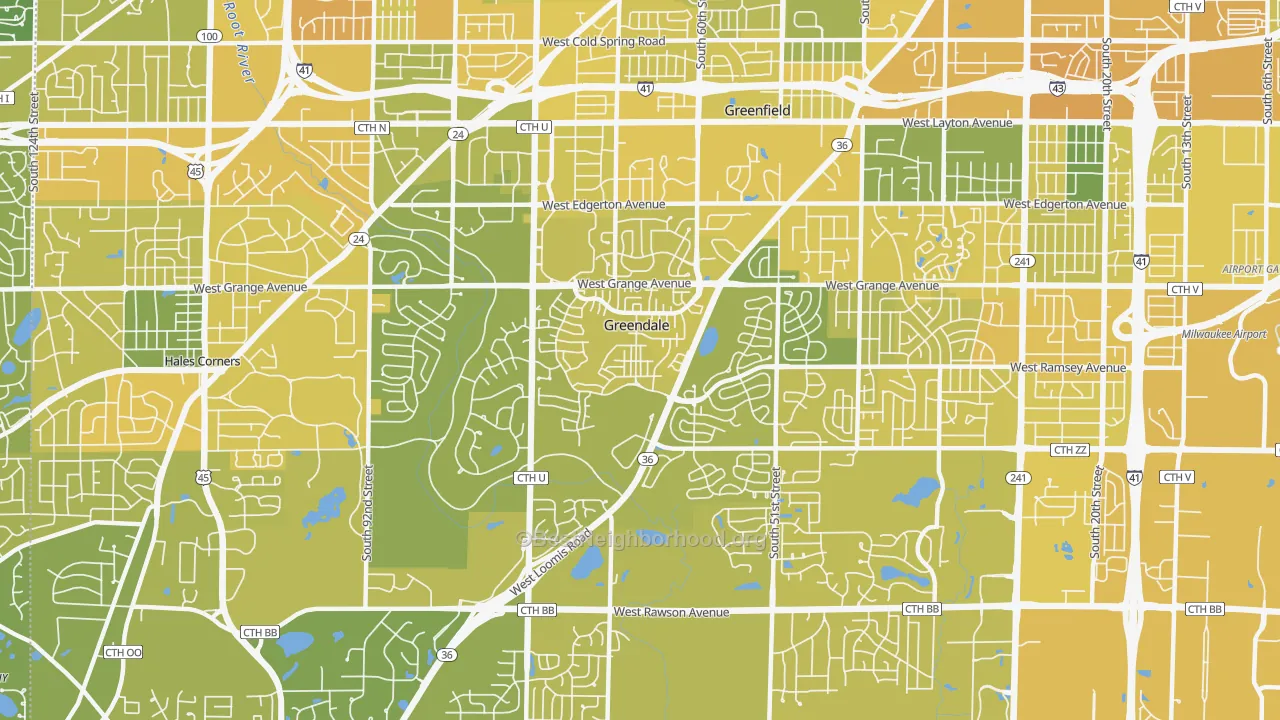Map of the best neighborhoods in the 53129 area, with better matches in green and worse matches in red
