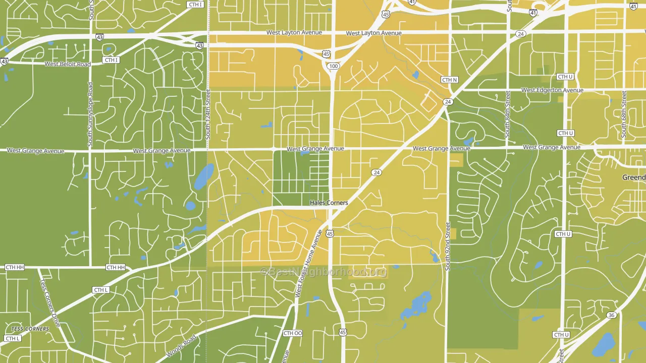 Map of the best neighborhoods in the 53130 area, with better matches in green and worse matches in red