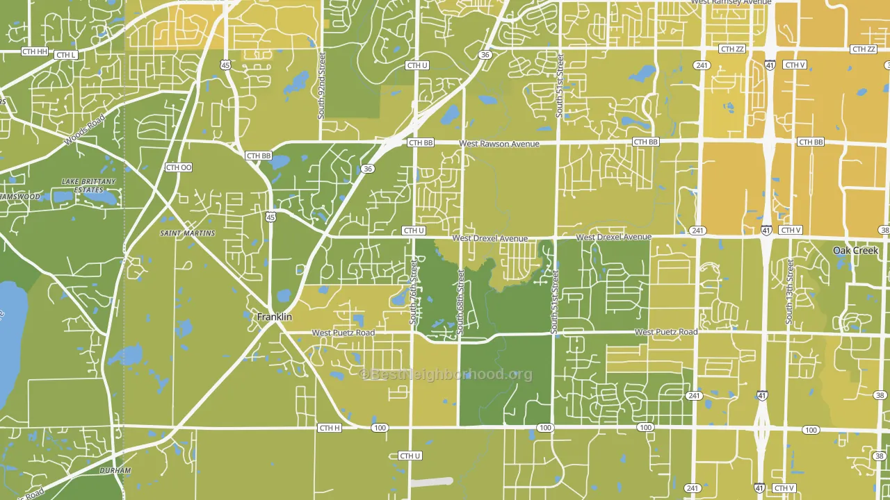 Map of the best neighborhoods in the 53132 area, with better matches in green and worse matches in red