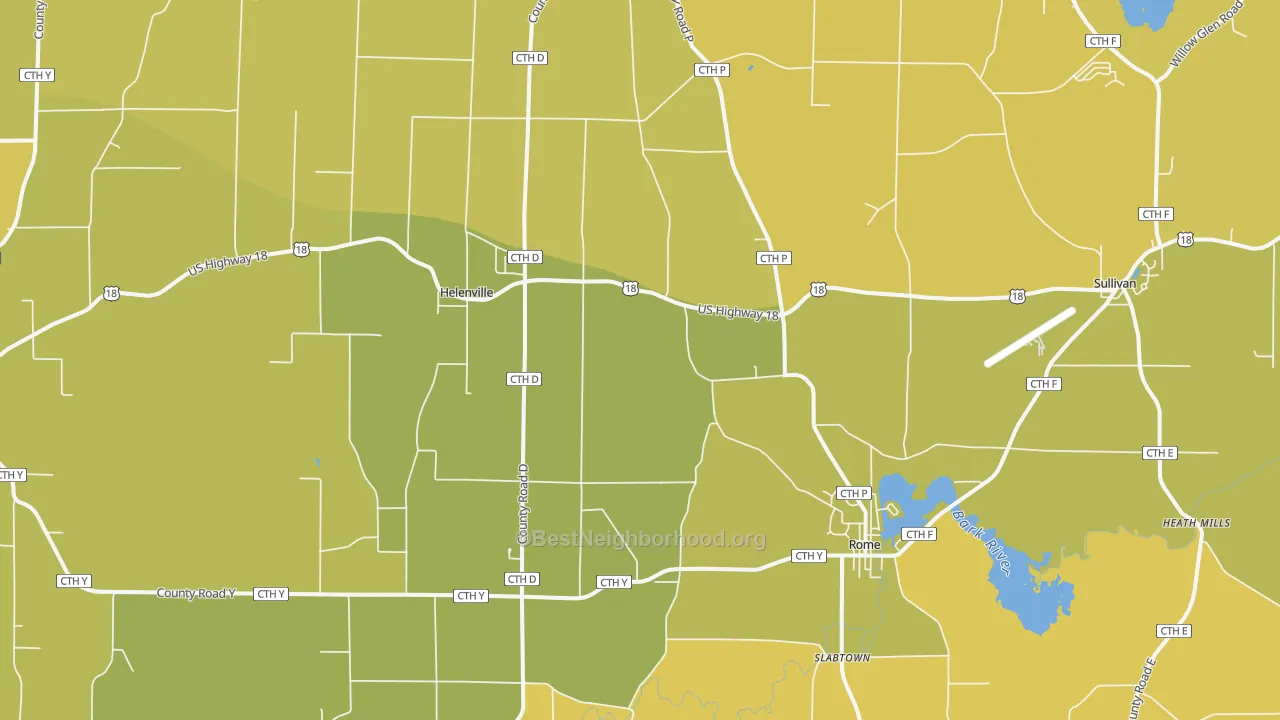 Map of the best neighborhoods in the 53137 area, with better matches in green and worse matches in red