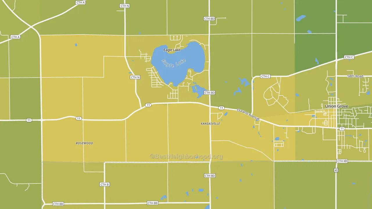 Map of the best neighborhoods in the 53139 area, with better matches in green and worse matches in red
