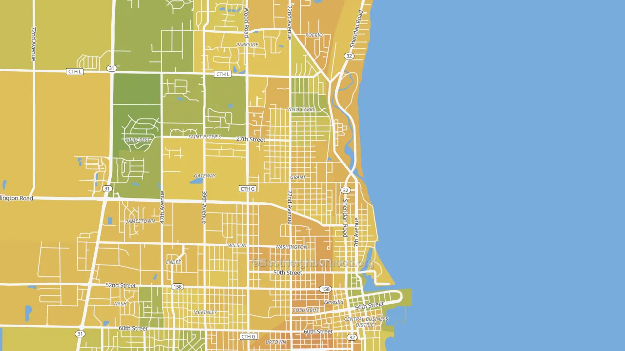 Map of the best neighborhoods in the 53140 area, with better matches in green and worse matches in red