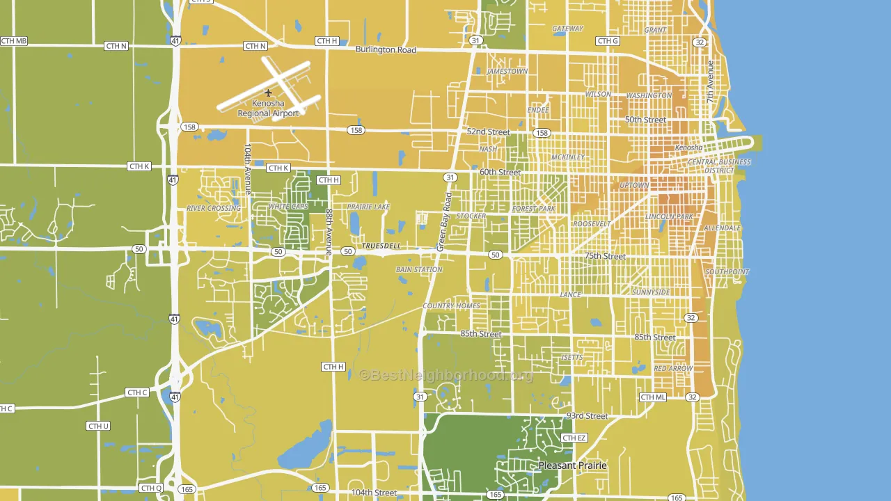 Map of the best neighborhoods in the 53142 area, with better matches in green and worse matches in red