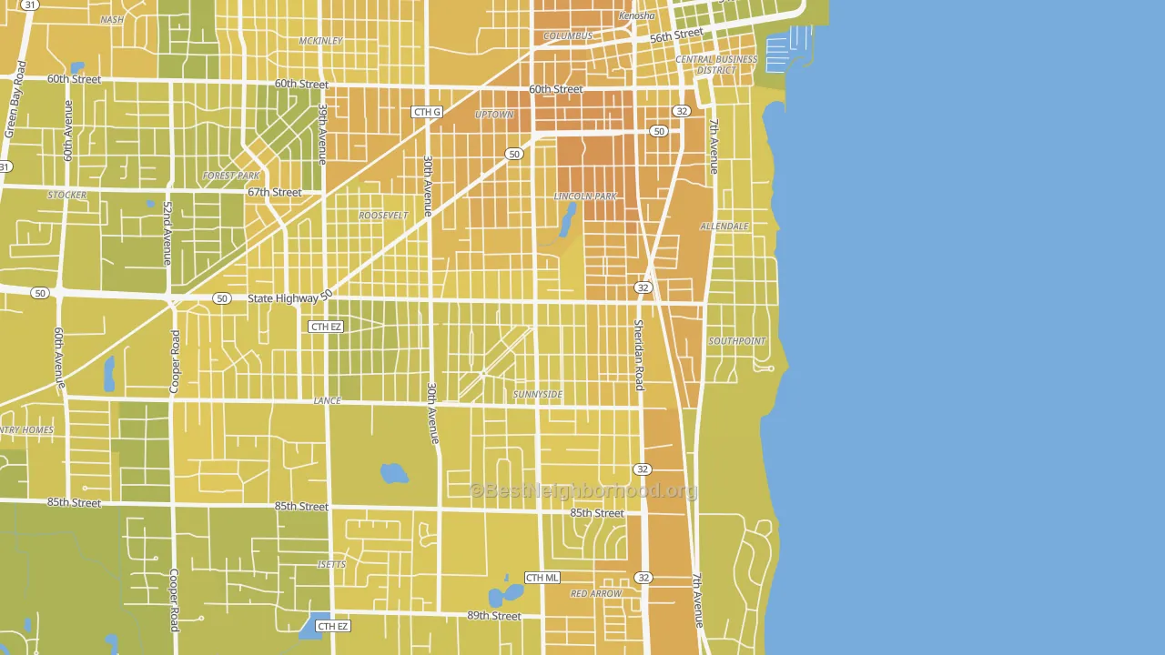 Map of the best neighborhoods in the 53143 area, with better matches in green and worse matches in red