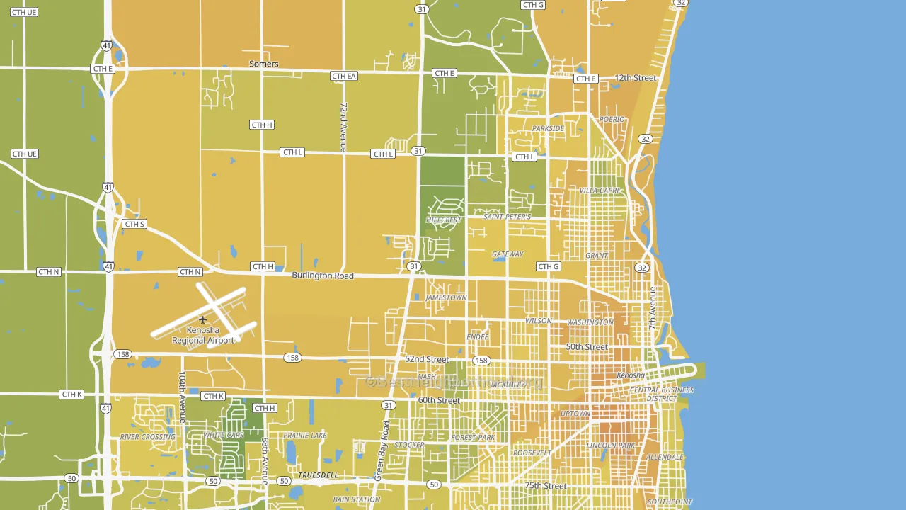 Map of the best neighborhoods in the 53144 area, with better matches in green and worse matches in red