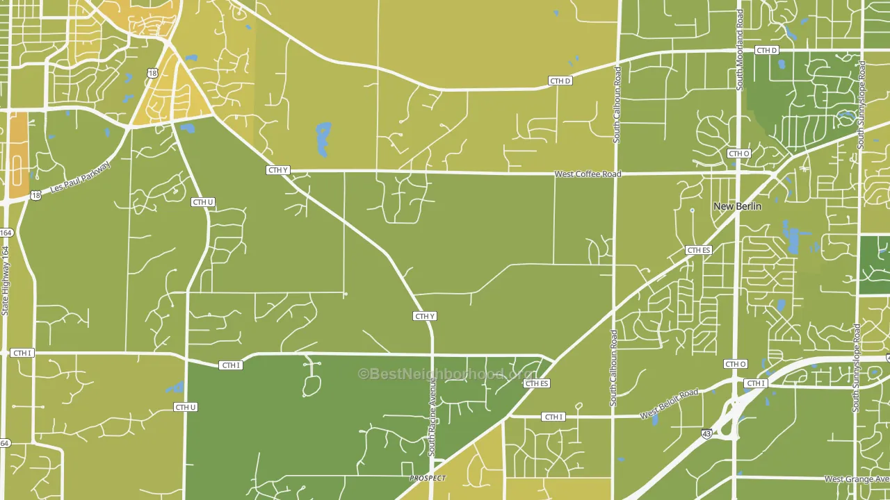 Map of the best neighborhoods in the 53146 area, with better matches in green and worse matches in red