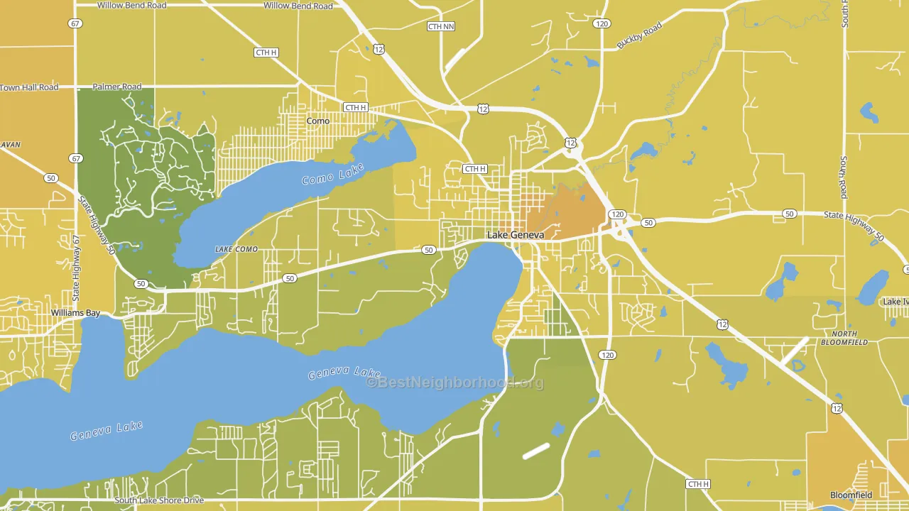 Map of the best neighborhoods in the 53147 area, with better matches in green and worse matches in red