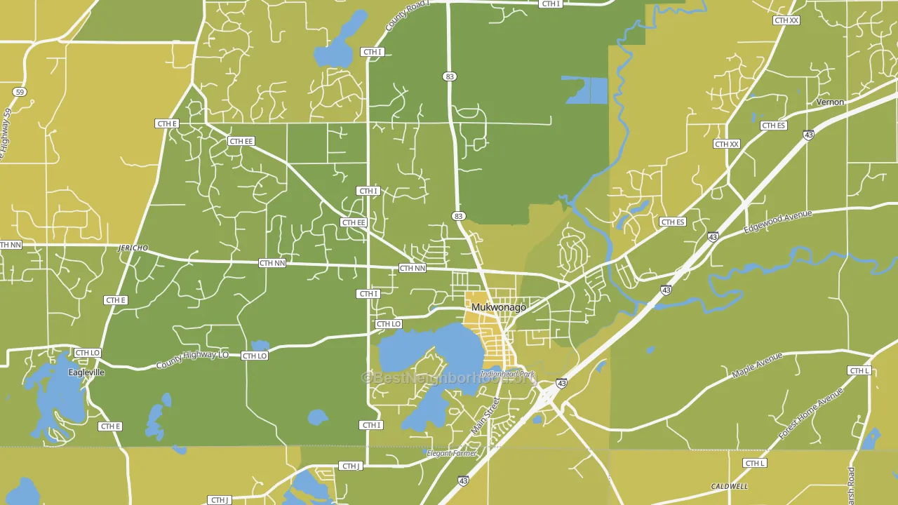 Map of the best neighborhoods in the 53149 area, with better matches in green and worse matches in red