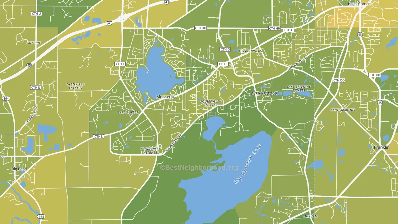 Map of the best neighborhoods in the 53150 area, with better matches in green and worse matches in red