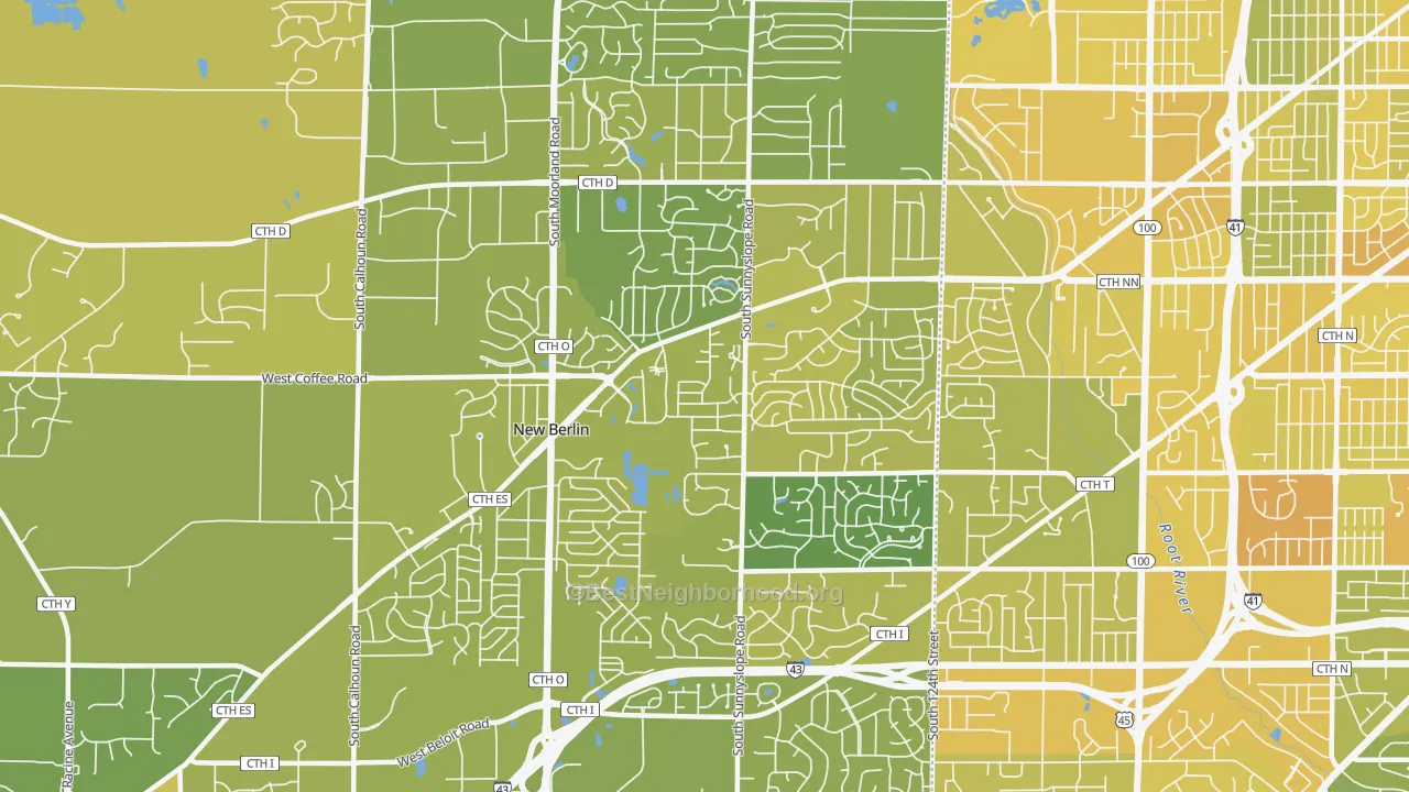 Map of the best neighborhoods in the 53151 area, with better matches in green and worse matches in red