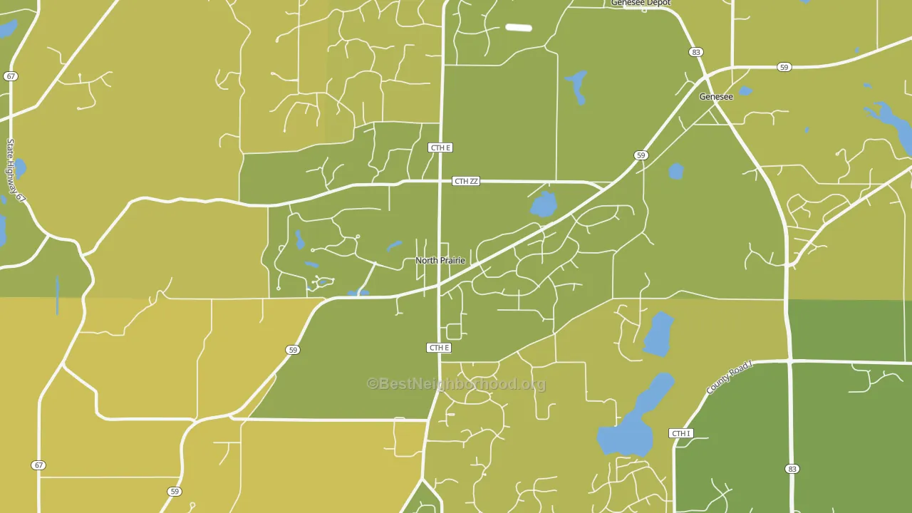 Map of the best neighborhoods in the 53153 area, with better matches in green and worse matches in red