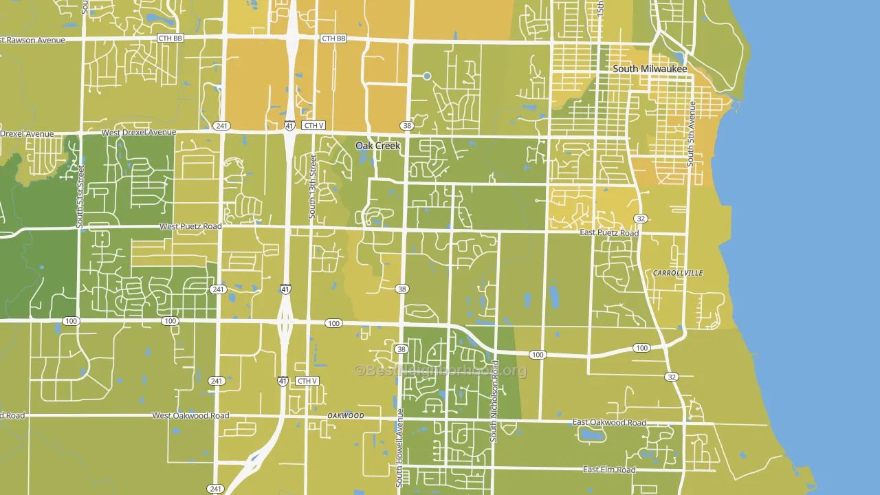 Map of the best neighborhoods in the 53154 area, with better matches in green and worse matches in red