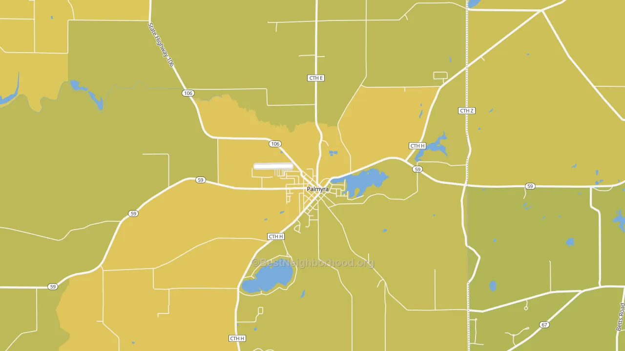 Map of the best neighborhoods in the 53156 area, with better matches in green and worse matches in red