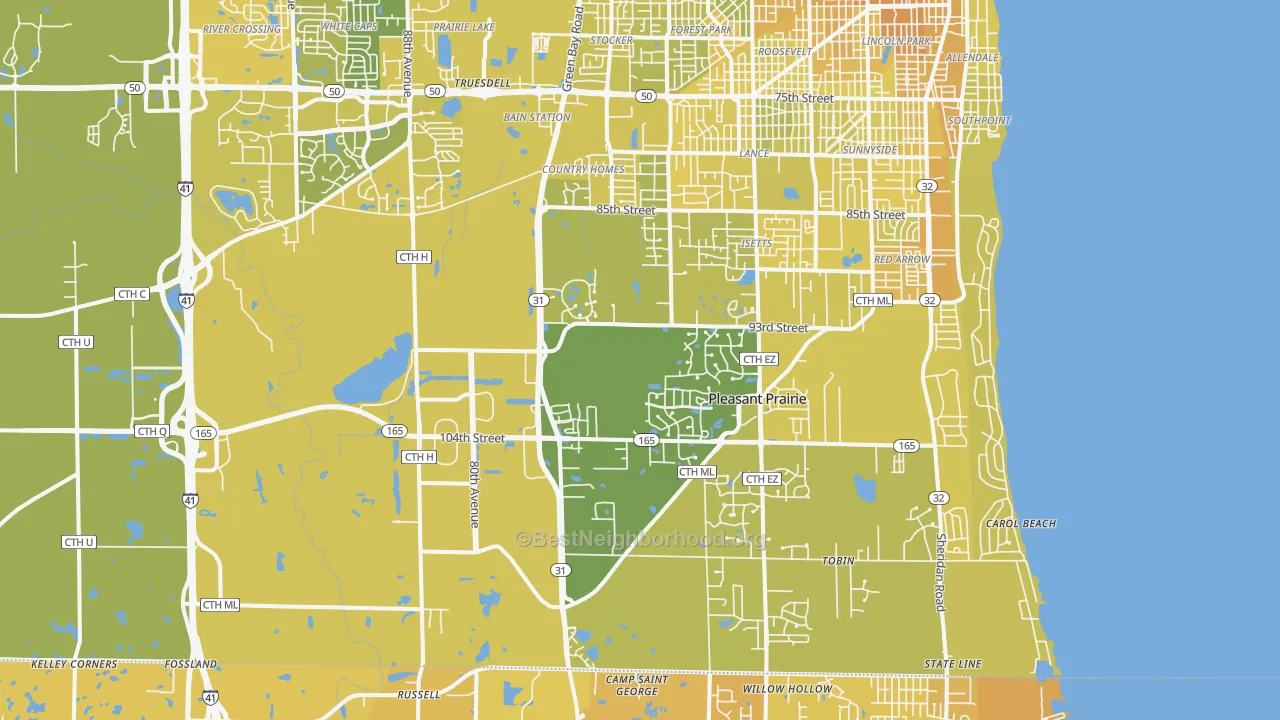 Map of the best neighborhoods in the 53158 area, with better matches in green and worse matches in red