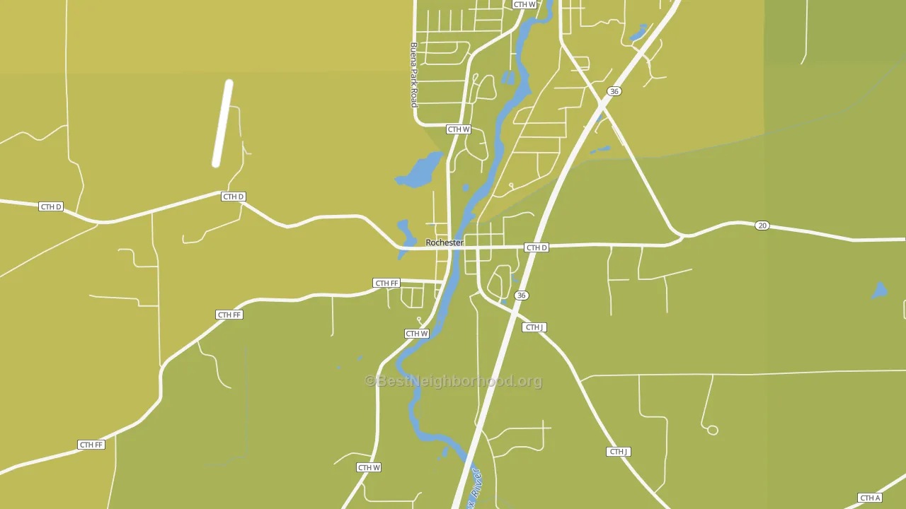 Map of the best neighborhoods in the 53167 area, with better matches in green and worse matches in red