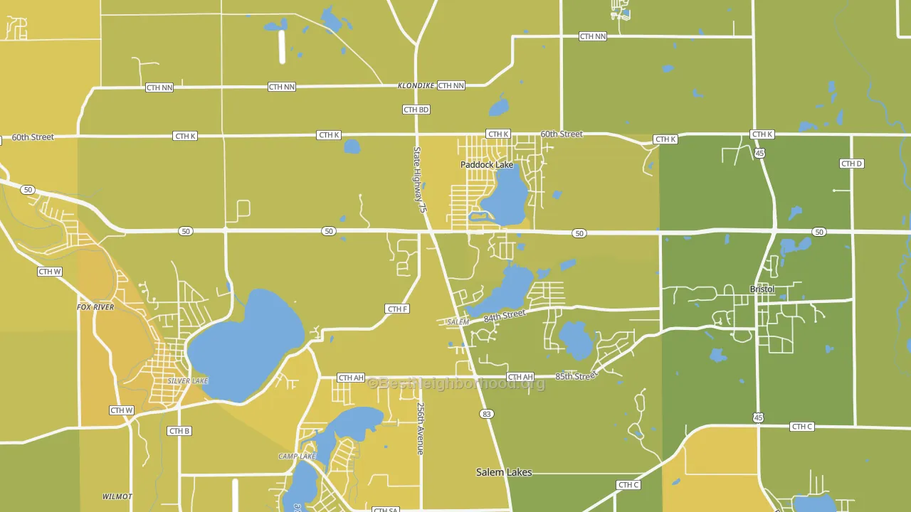 Map of the best neighborhoods in the 53168 area, with better matches in green and worse matches in red