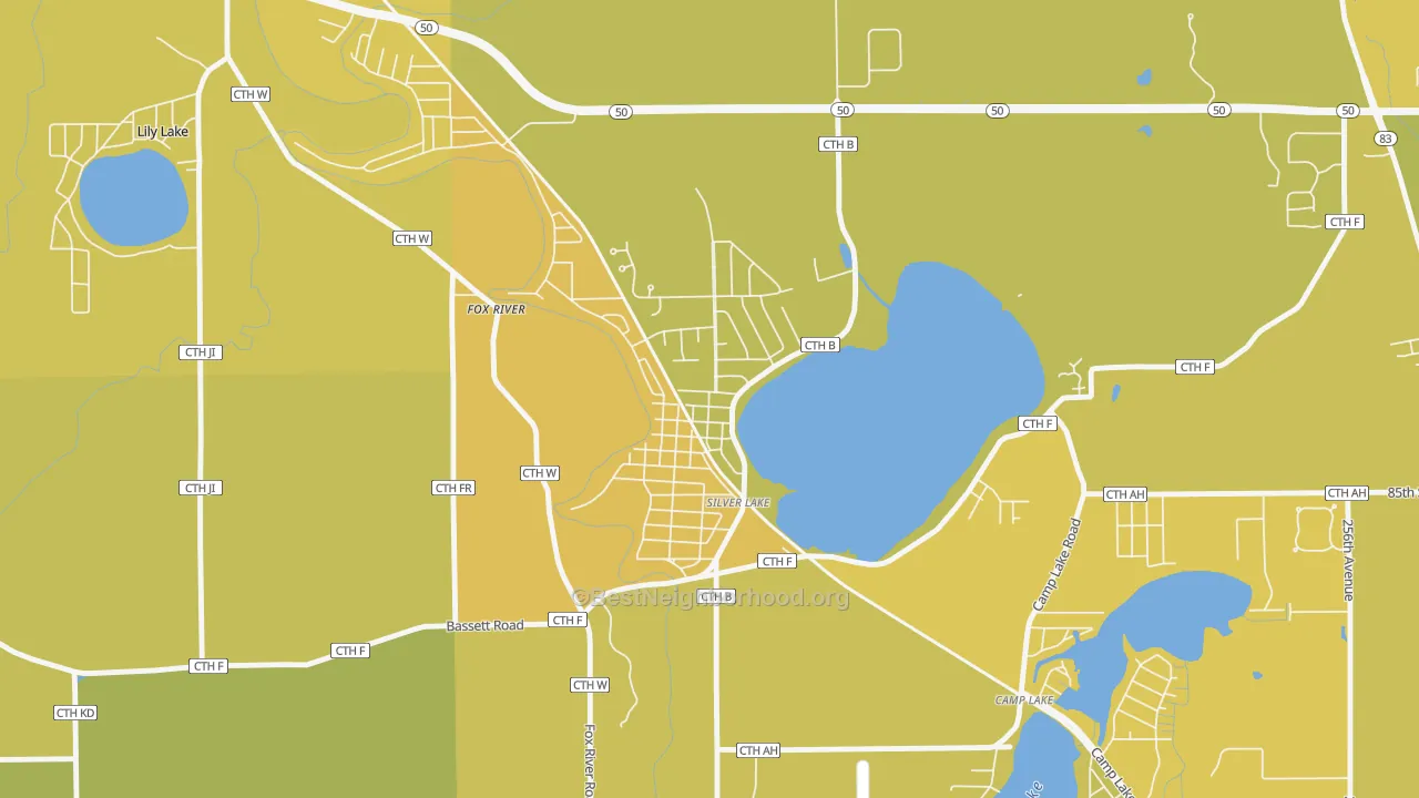 Map of the best neighborhoods in the 53170 area, with better matches in green and worse matches in red