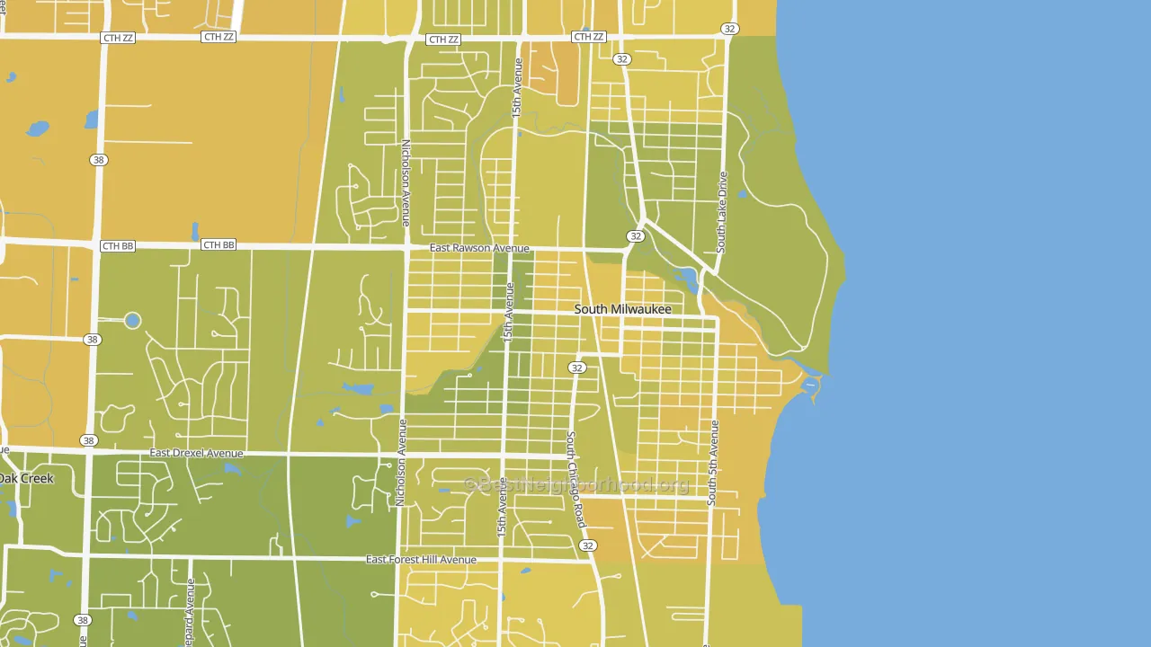 Map of the best neighborhoods in the 53172 area, with better matches in green and worse matches in red