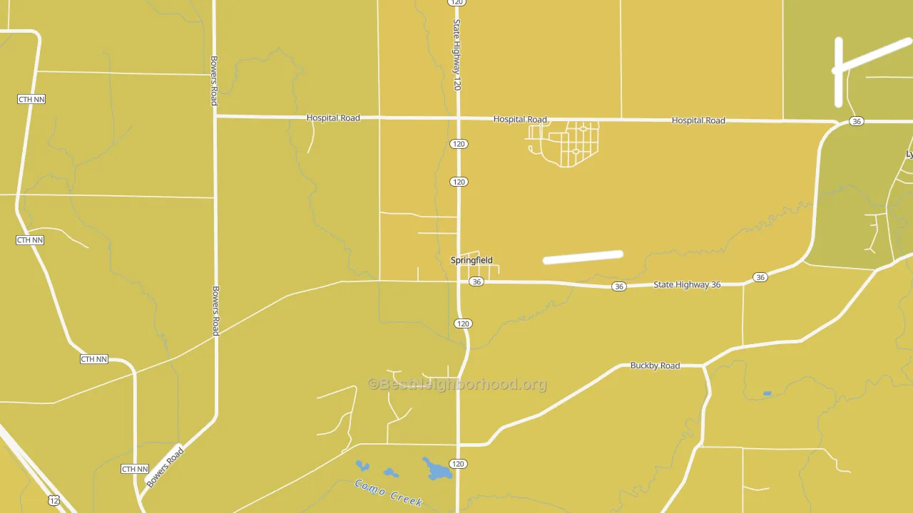 Map of the best neighborhoods in the 53176 area, with better matches in green and worse matches in red