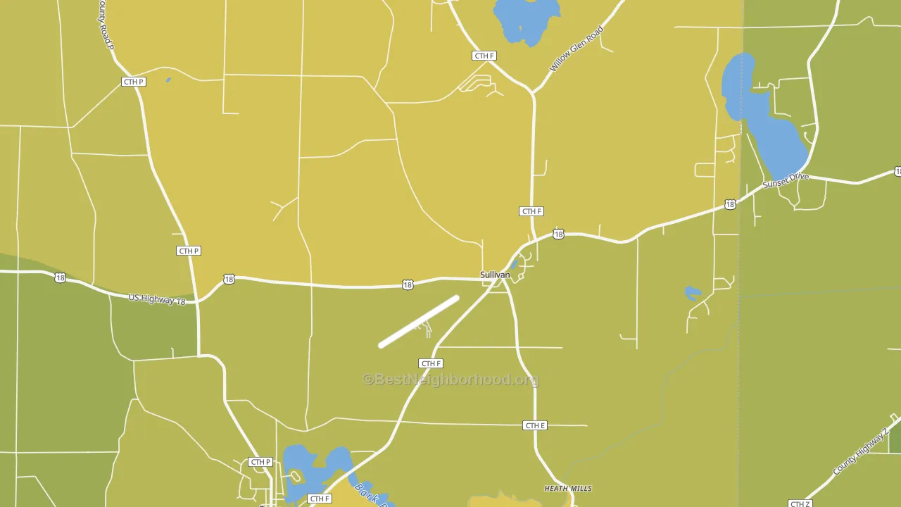 Map of the best neighborhoods in the 53178 area, with better matches in green and worse matches in red