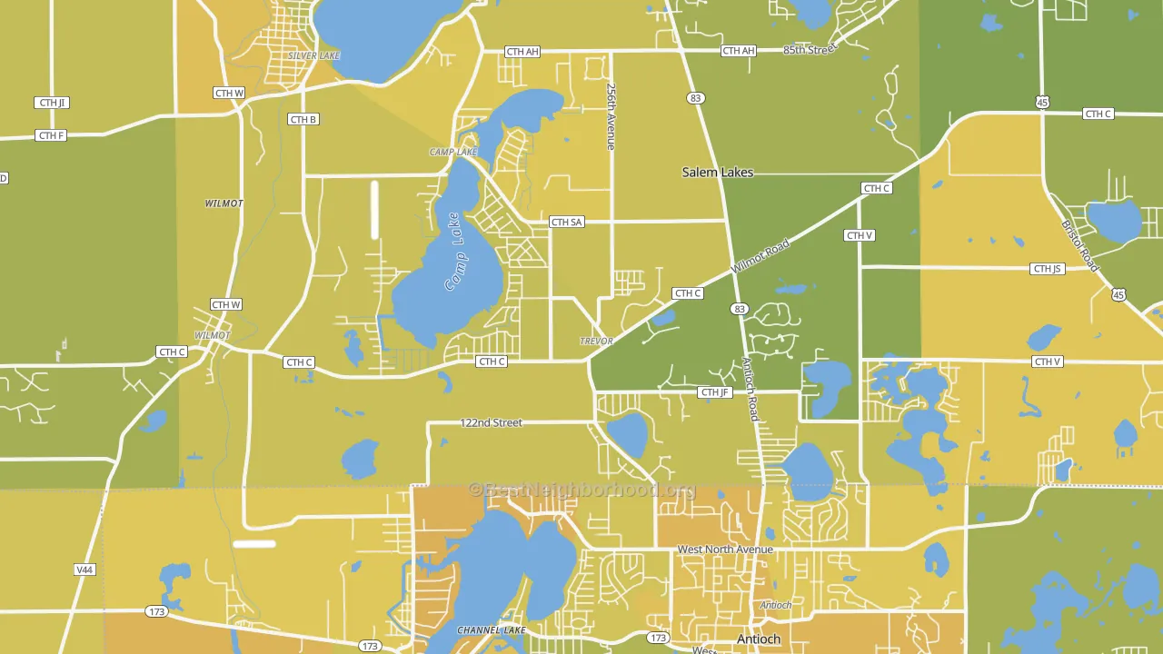 Map of the best neighborhoods in the 53179 area, with better matches in green and worse matches in red
