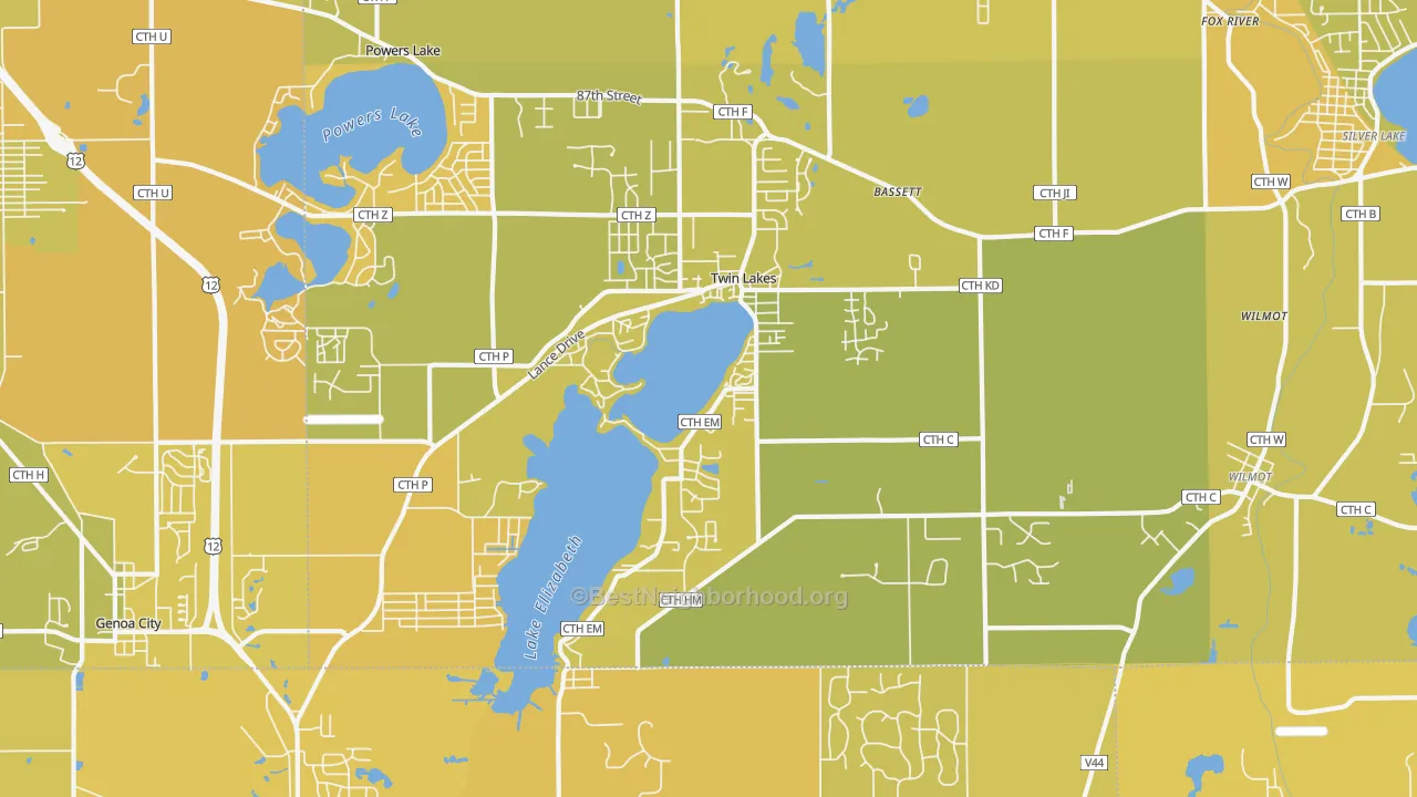 Map of the best neighborhoods in the 53181 area, with better matches in green and worse matches in red