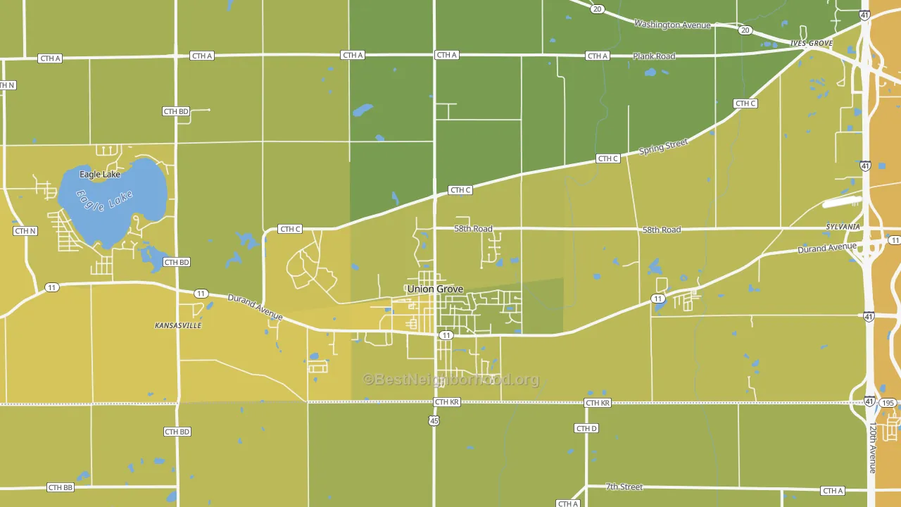 Map of the best neighborhoods in the 53182 area, with better matches in green and worse matches in red