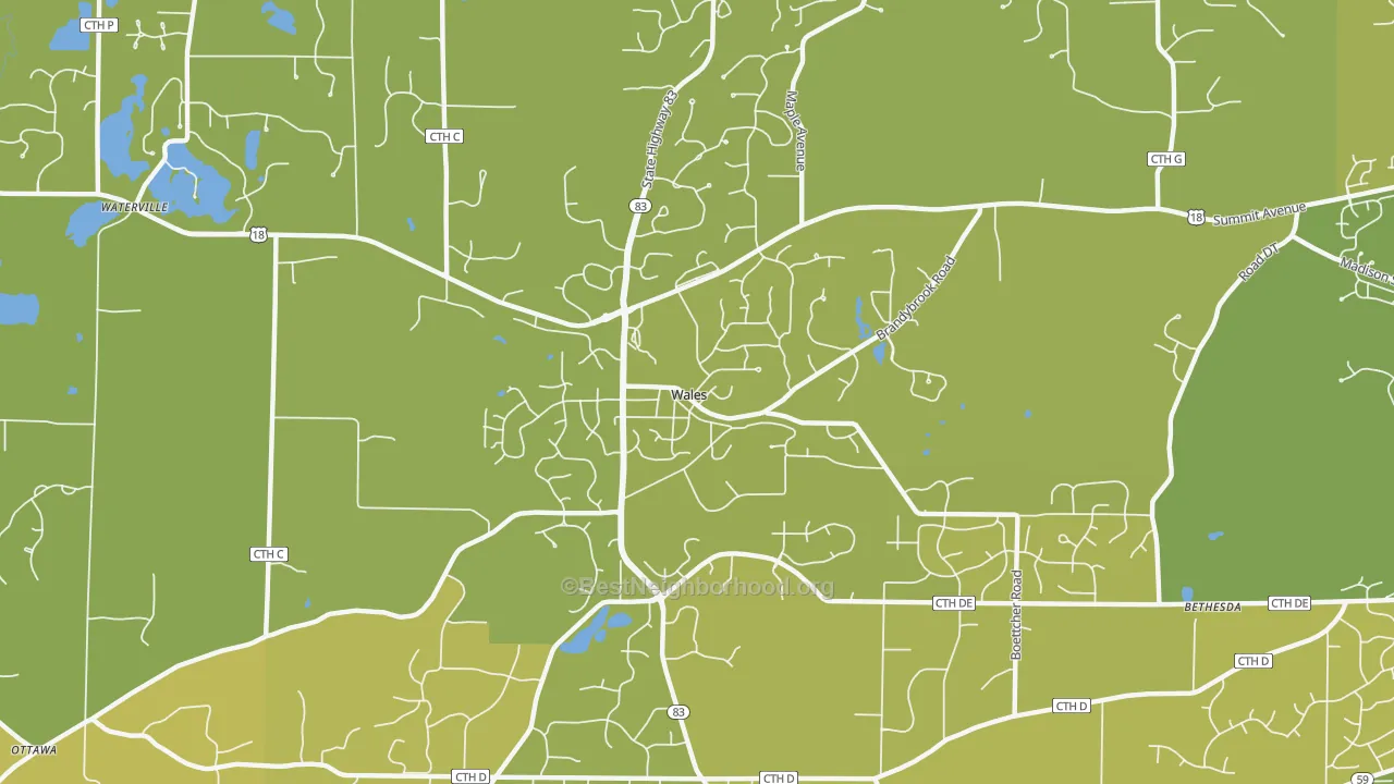 Map of the best neighborhoods in the 53183 area, with better matches in green and worse matches in red