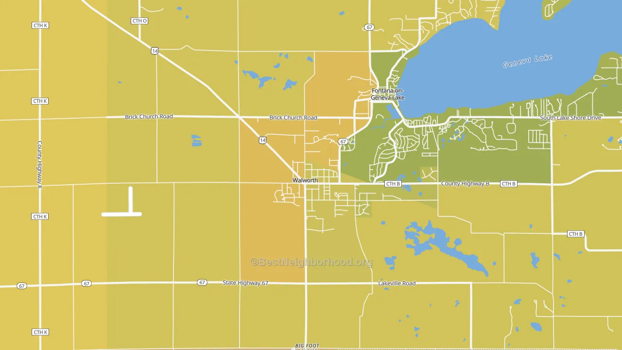 Map of the best neighborhoods in the 53184 area, with better matches in green and worse matches in red