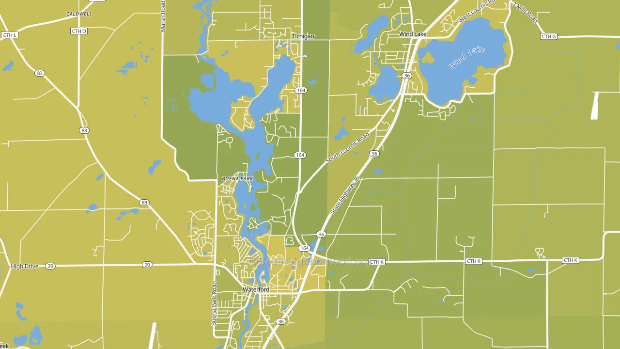 Map of the best neighborhoods in the 53185 area, with better matches in green and worse matches in red