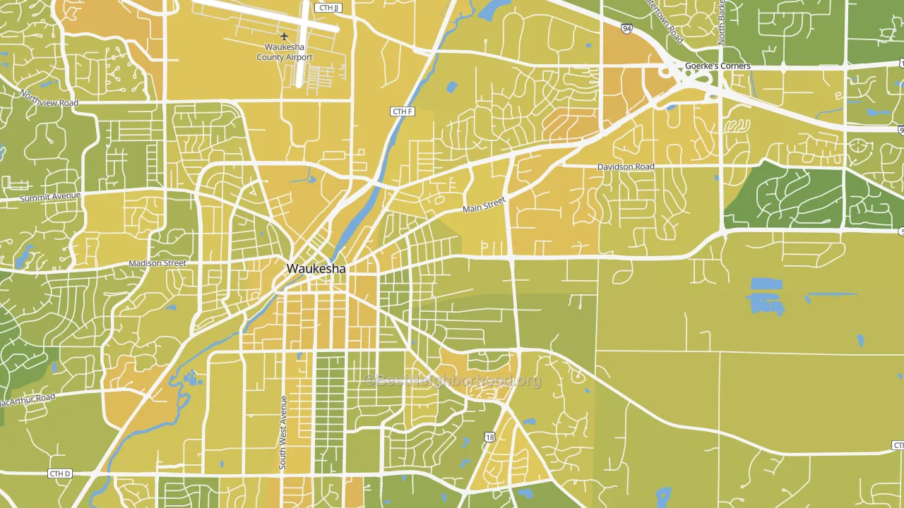 Map of the best neighborhoods in the 53186 area, with better matches in green and worse matches in red