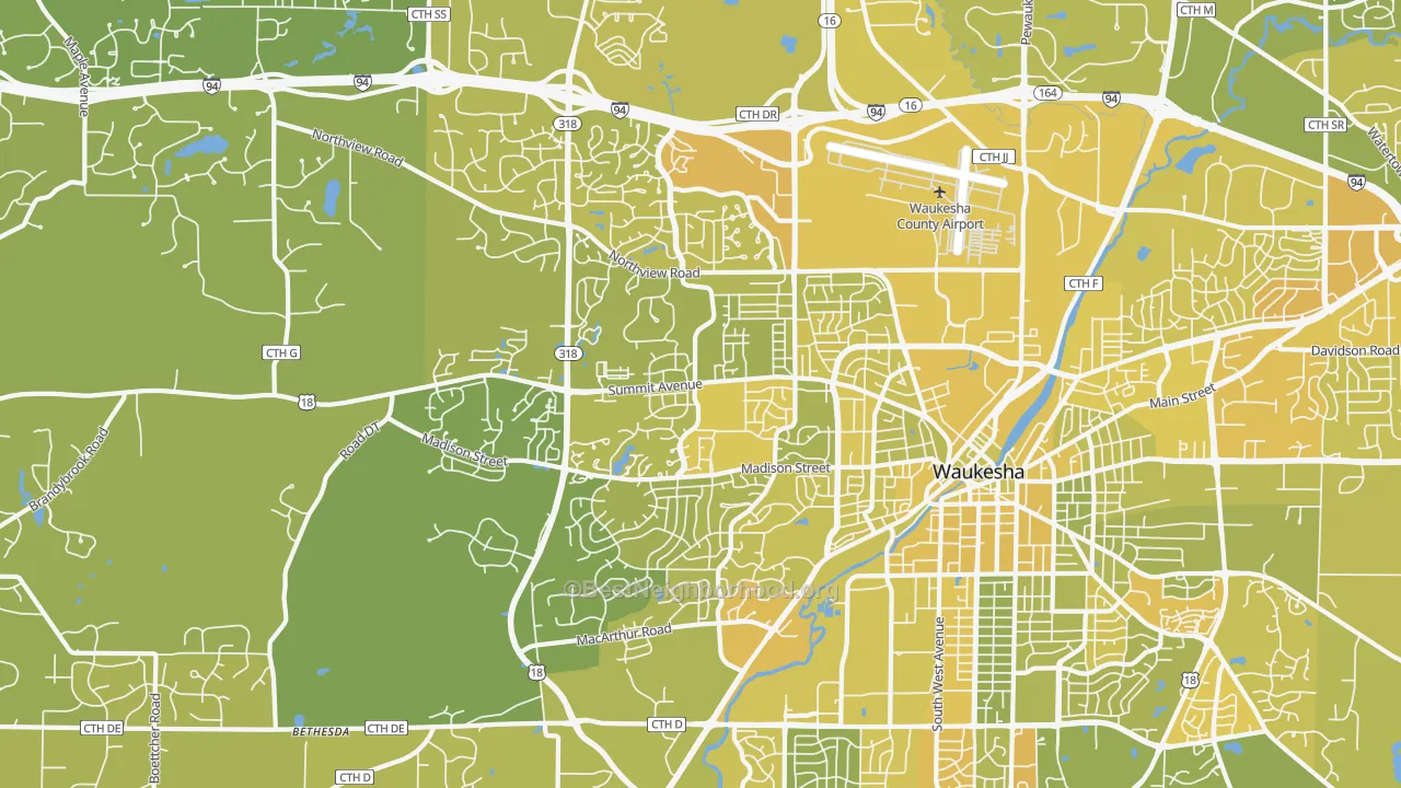 Map of the best neighborhoods in the 53188 area, with better matches in green and worse matches in red