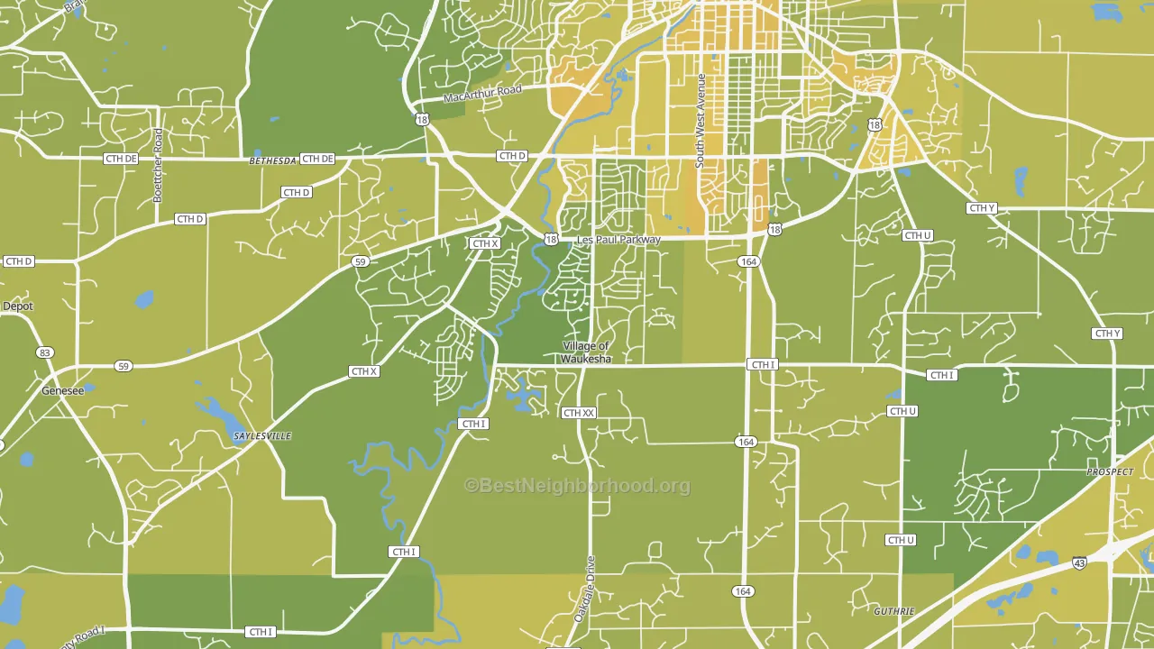 Map of the best neighborhoods in the 53189 area, with better matches in green and worse matches in red