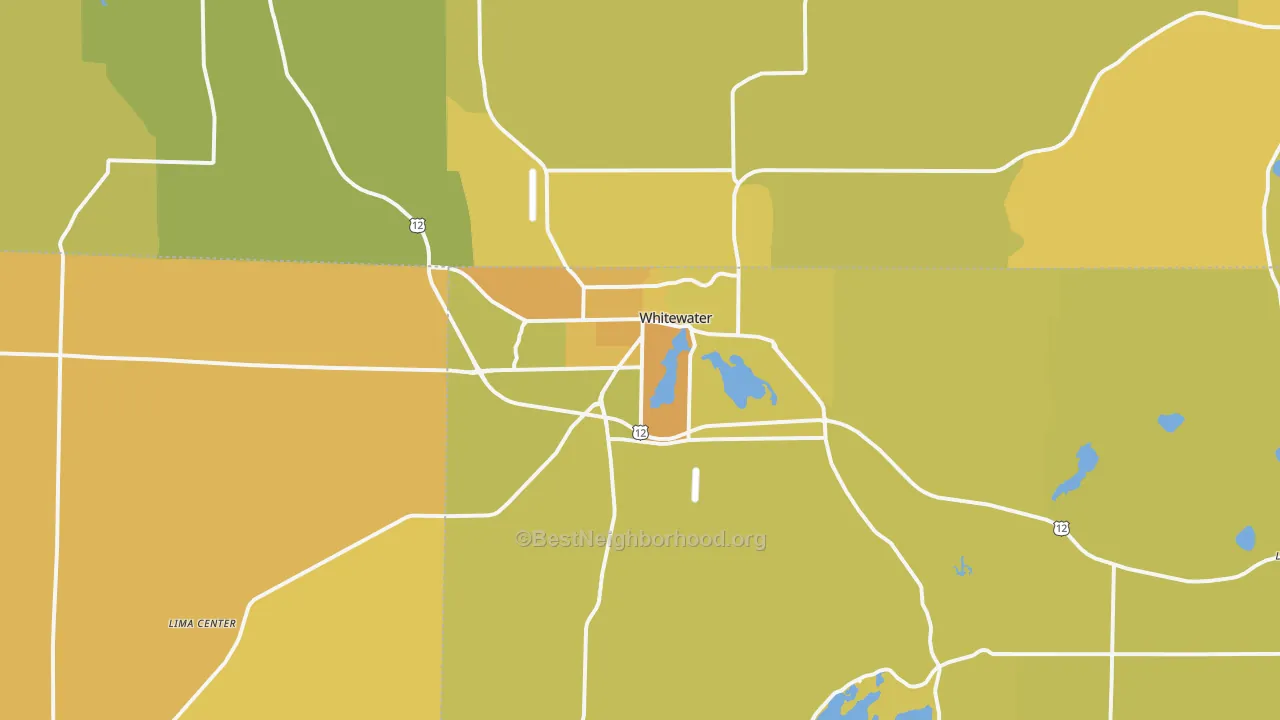 Map of the best neighborhoods in the 53190 area, with better matches in green and worse matches in red