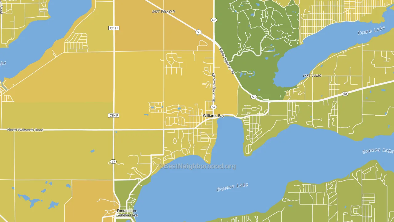 Map of the best neighborhoods in the 53191 area, with better matches in green and worse matches in red