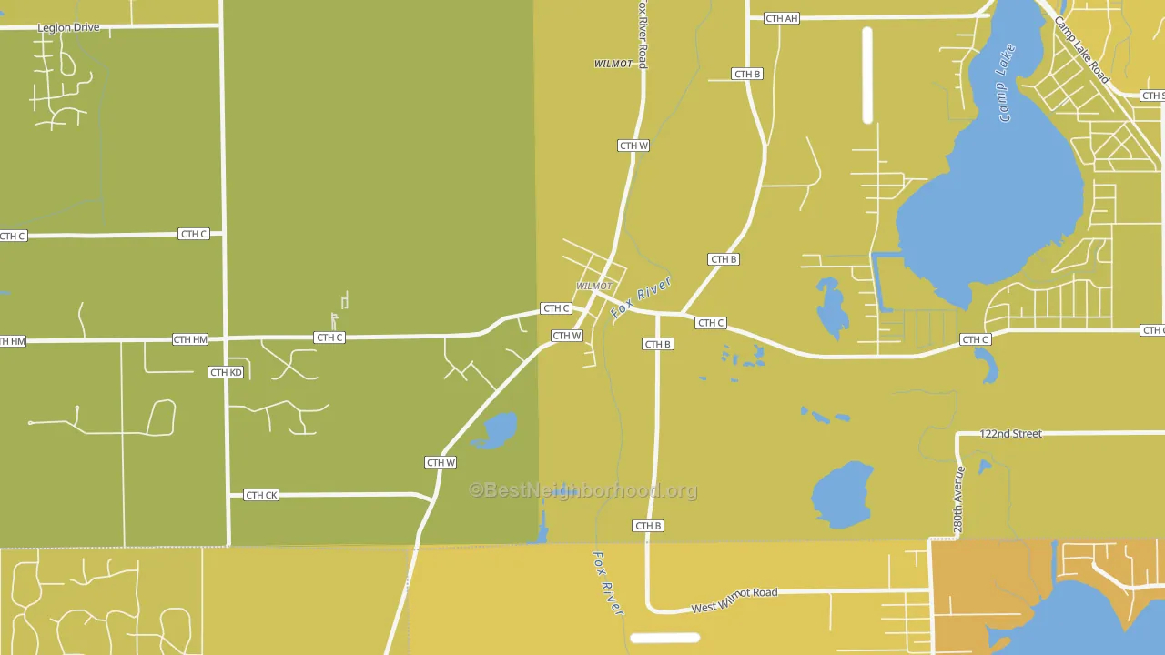 Map of the best neighborhoods in the 53192 area, with better matches in green and worse matches in red