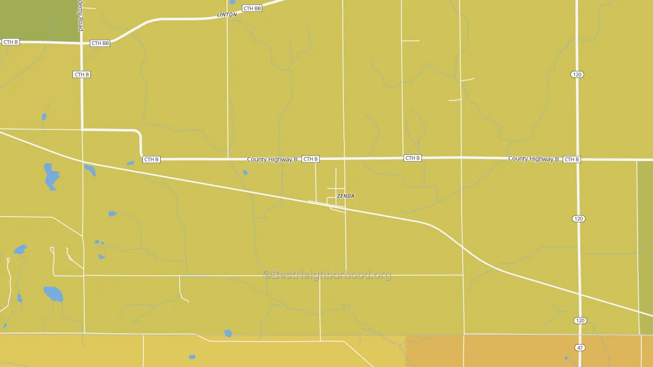 Map of the best neighborhoods in the 53195 area, with better matches in green and worse matches in red