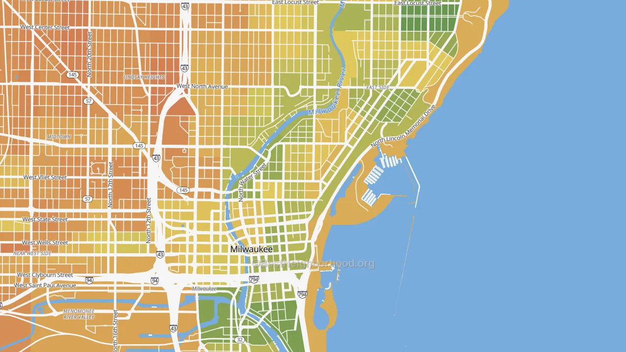 Map of the best neighborhoods in the 53202 area, with better matches in green and worse matches in red
