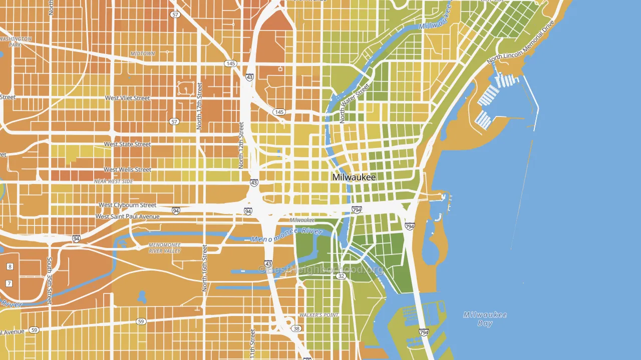 Map of the best neighborhoods in the 53203 area, with better matches in green and worse matches in red