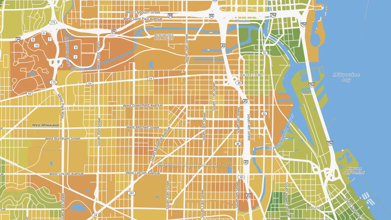 Map of the best neighborhoods in the 53204 area, with better matches in green and worse matches in red