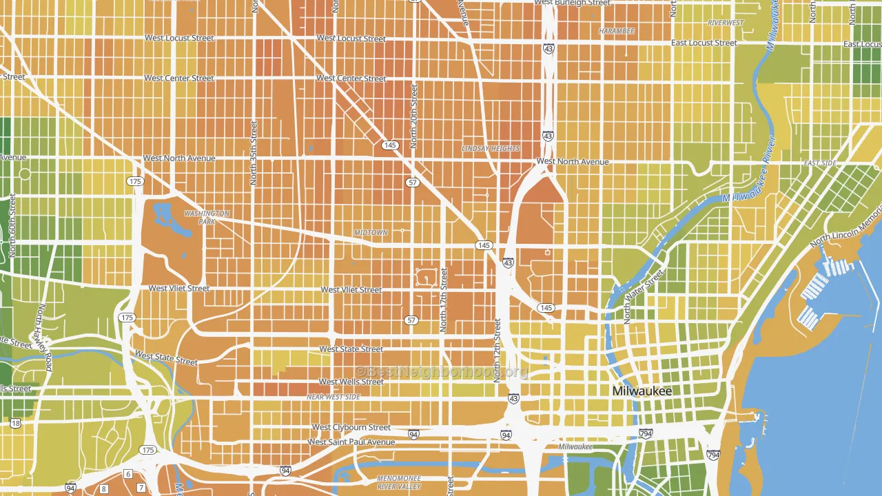 Map of the best neighborhoods in the 53205 area, with better matches in green and worse matches in red