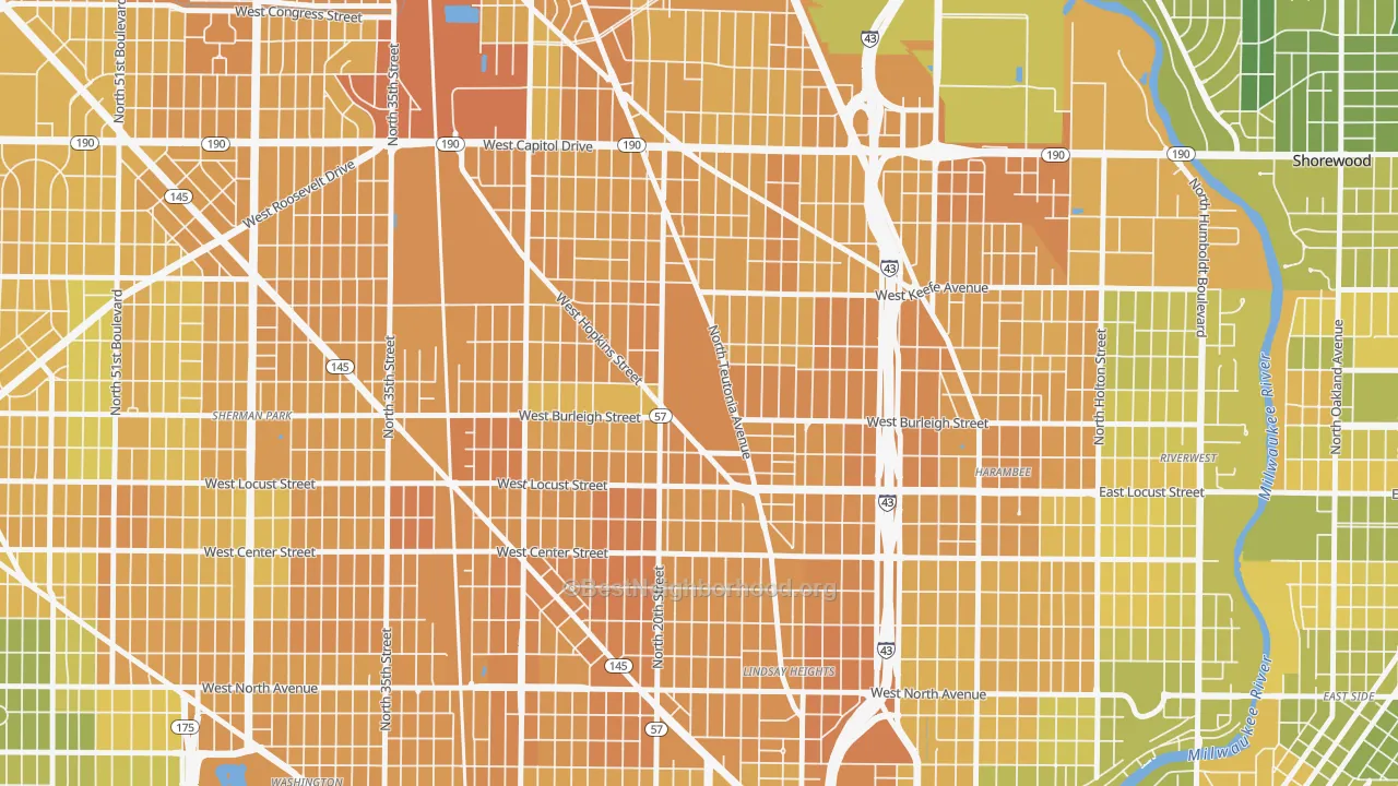 Map of the best neighborhoods in the 53206 area, with better matches in green and worse matches in red