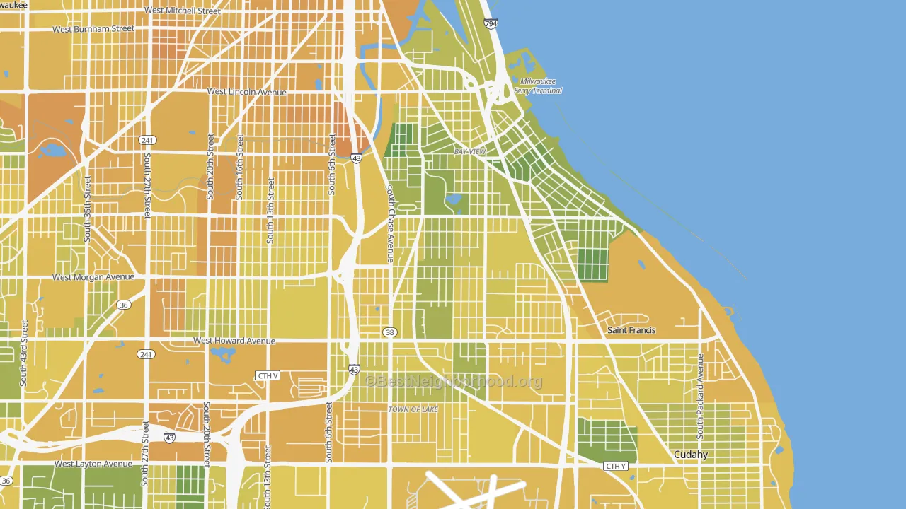 Map of the best neighborhoods in the 53207 area, with better matches in green and worse matches in red