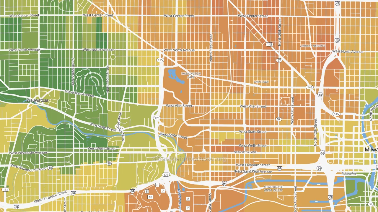 Map of the best neighborhoods in the 53208 area, with better matches in green and worse matches in red