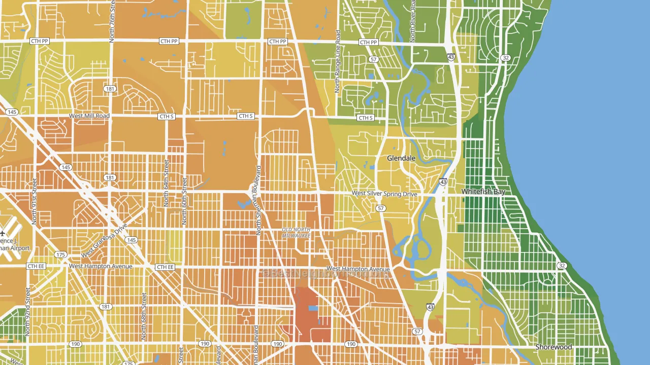 Map of the best neighborhoods in the 53209 area, with better matches in green and worse matches in red